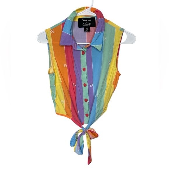 Modcloth Tops - Modcloth X Collectif Prismatic Tie Front Rainbow Stripe Heart Button Blouse XS